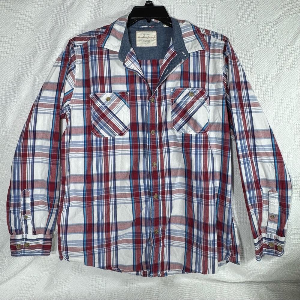 Weatherproof‎ Men’s Red Blue White Checkered Shirt Button Size Large
